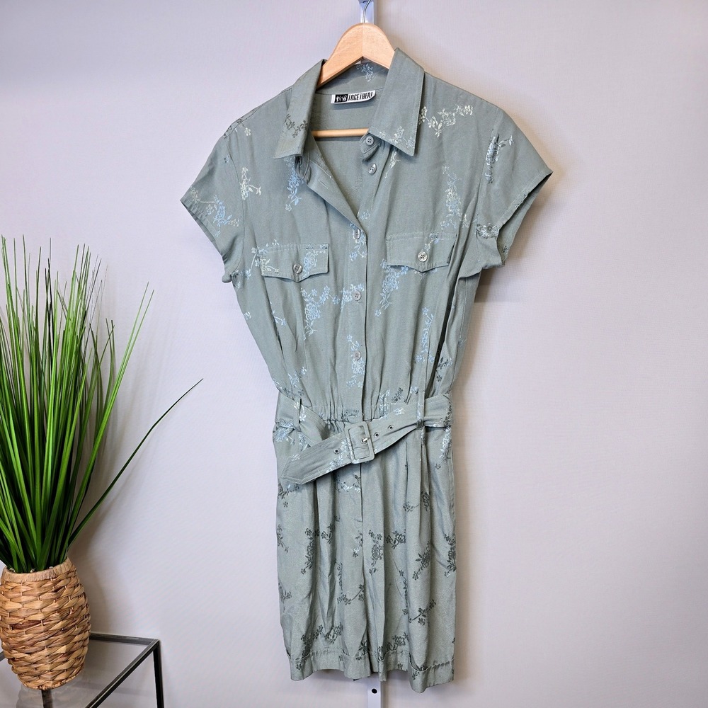 Together! Vintage Sage Green Floral Brocade Belted Romper Jumpsuit Womens Small